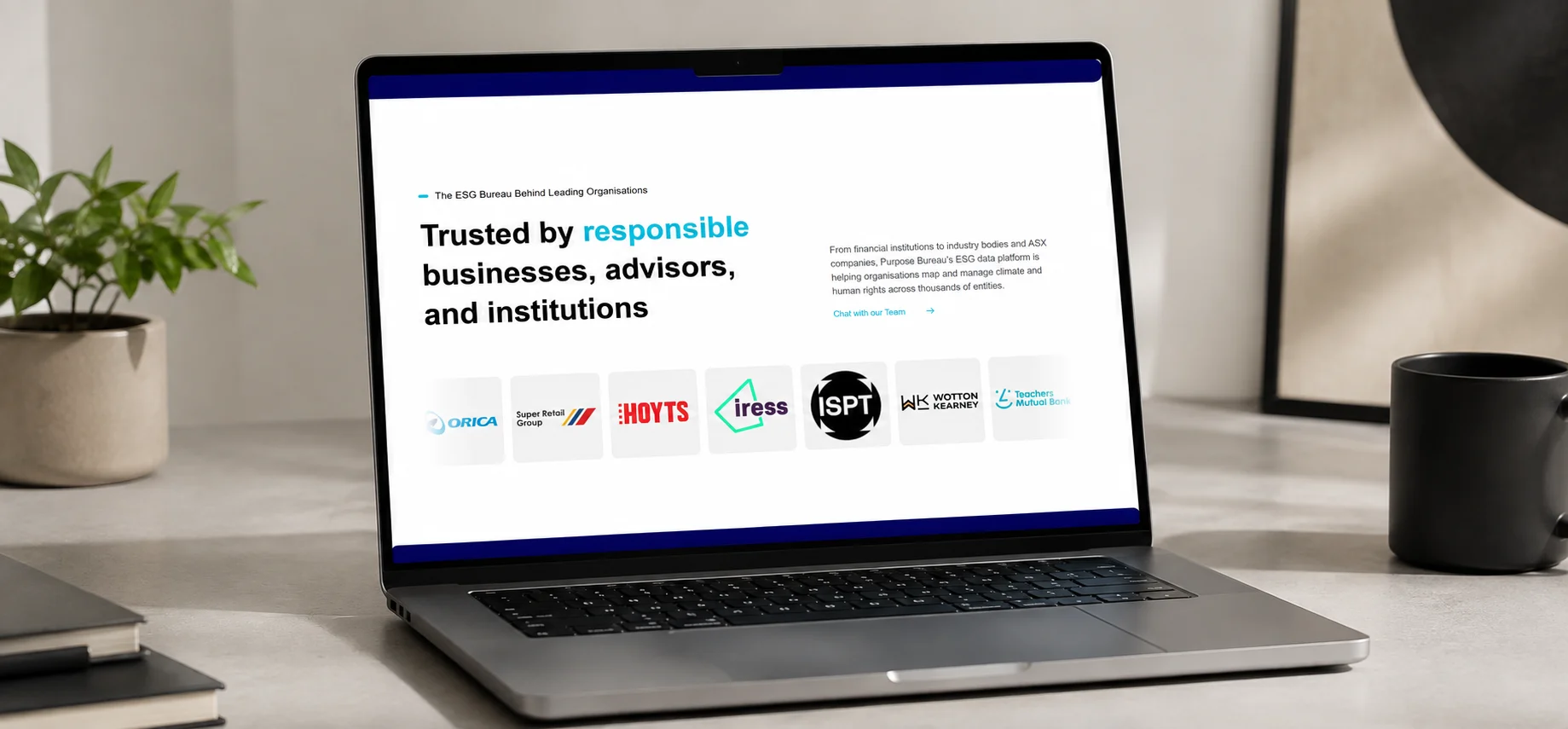 Purpose Bureau client logos section shown on a laptop