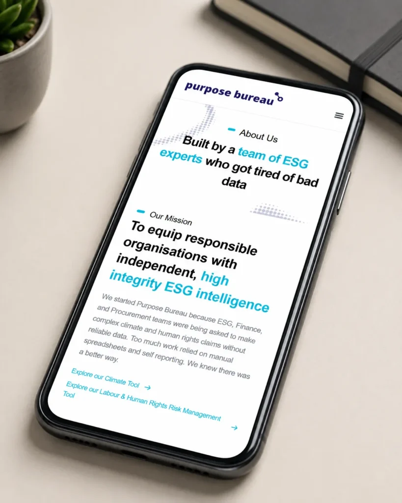 Purpose Bureau About Us page shown on a phone