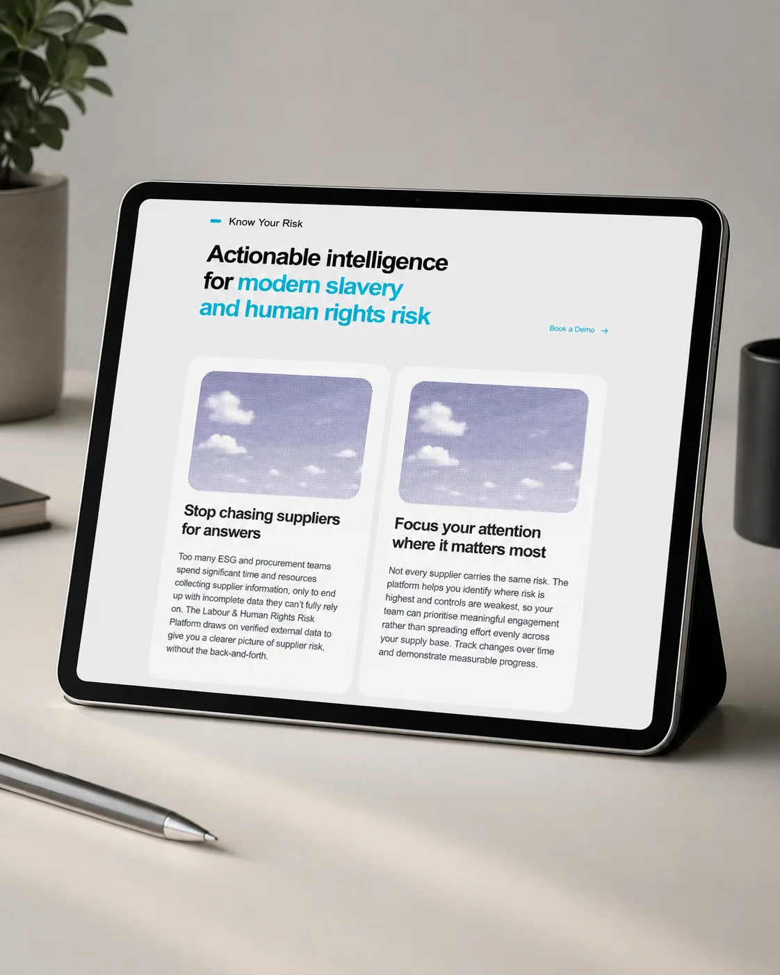 Purpose Bureau human rights risk page shown on a tablet