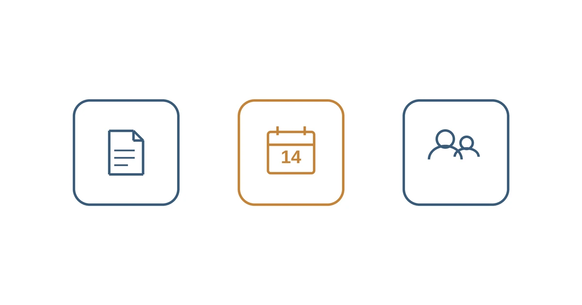 Three flat line icons in rounded squares: a policy document, a calendar marked fourteen, and two family figures