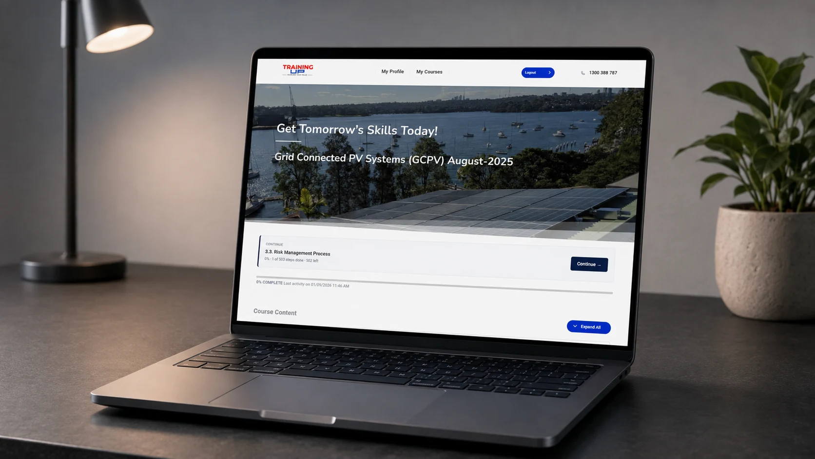 The Training Up student portal on a laptop, showing a course page with the continue panel and step count