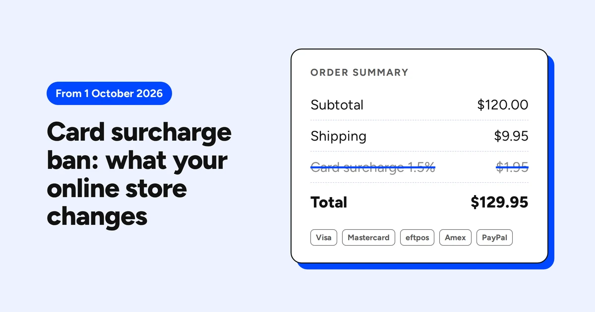 An online order summary with subtotal, shipping and total, where the card surcharge line is struck through