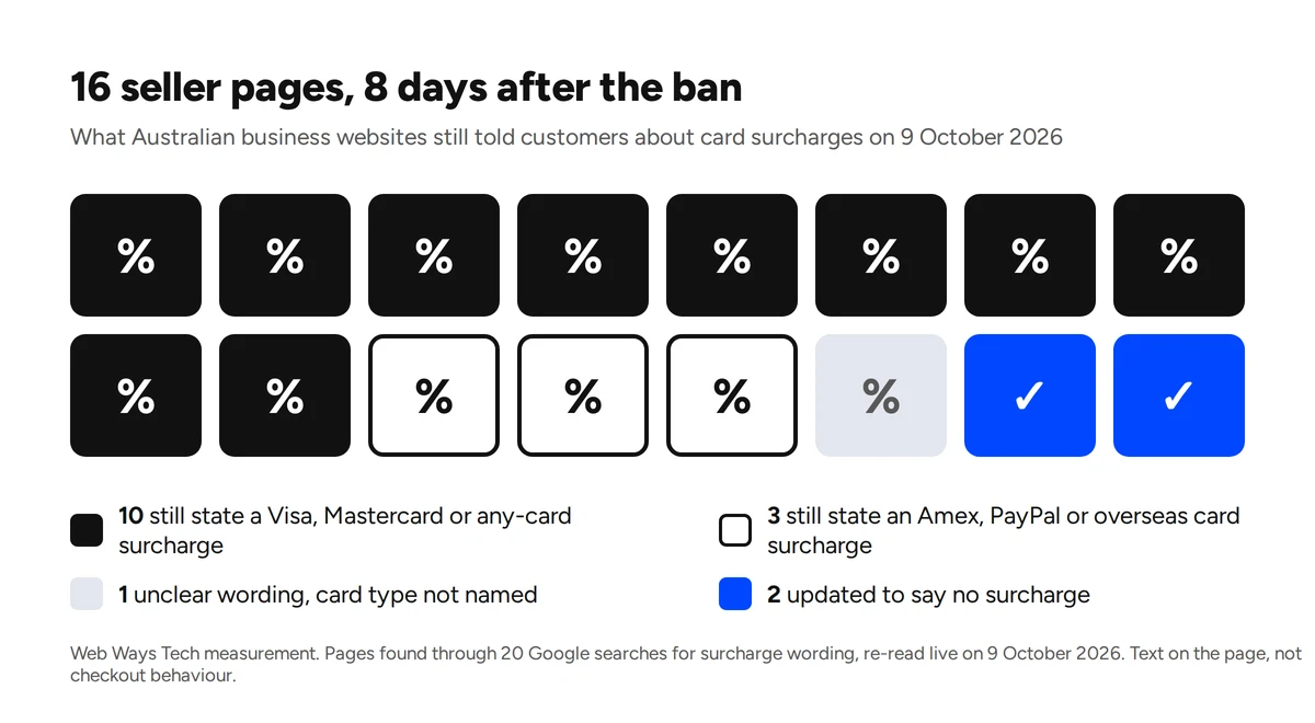 Sixteen tiles: ten dark tiles for pages still stating a Visa, Mastercard or any-card surcharge, three outlined tiles for Amex, PayPal or overseas card surcharges, one grey tile for unclear wording, and two blue tiles for pages updated to say no surcharge